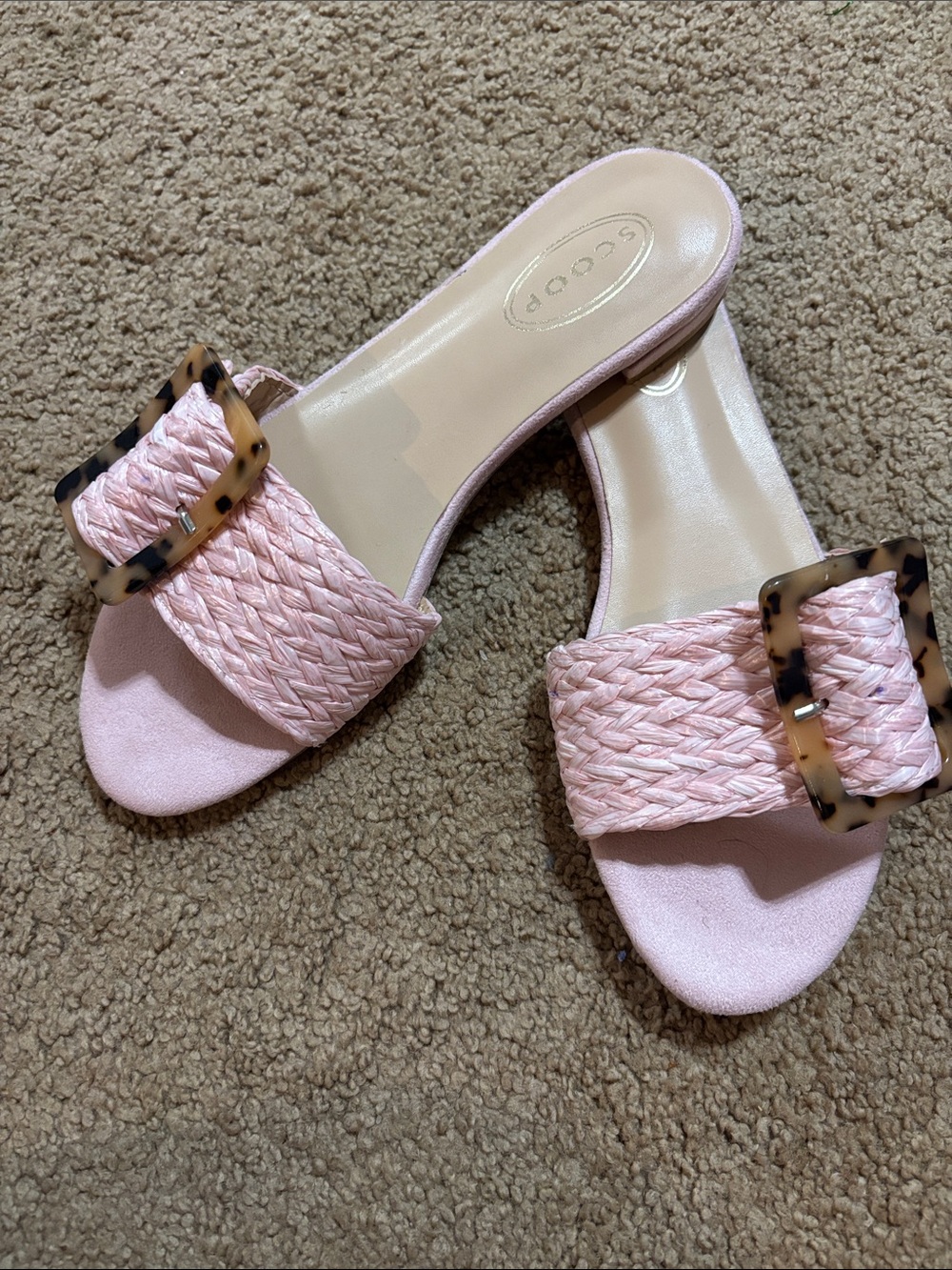 Woven Pink Slide Mules with Tortoise Buckle
